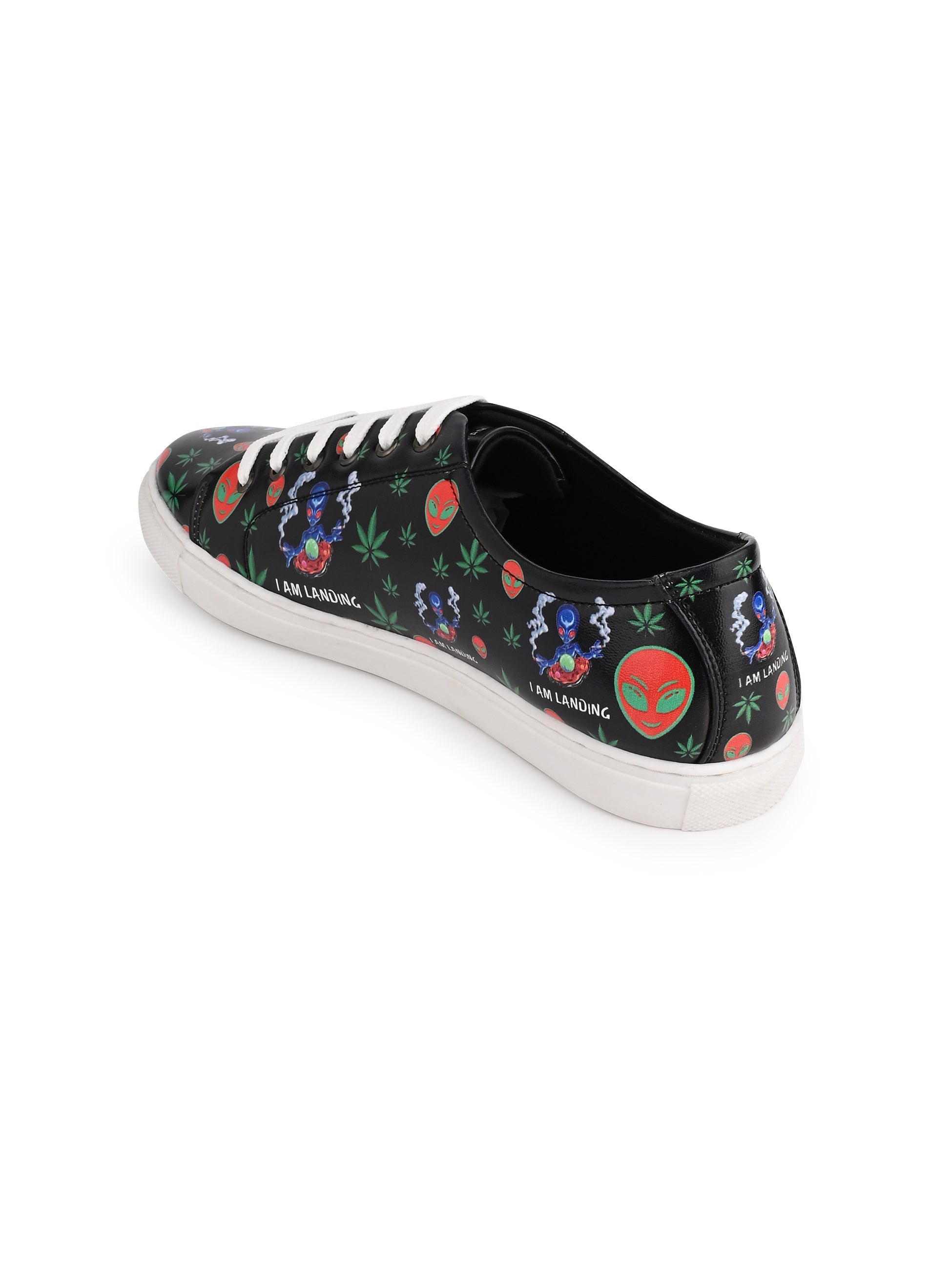 I am Landing Weed Design Deep Black Shoe - Printed Synthetic Vegan Leather