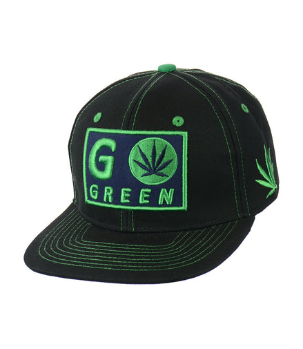 Go Green Leaf Embroidered Snapback Hat 100% Cotton