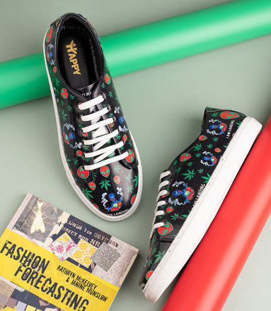 I am Landing Weed Design Deep Black Shoe - Printed Synthetic Vegan Leather