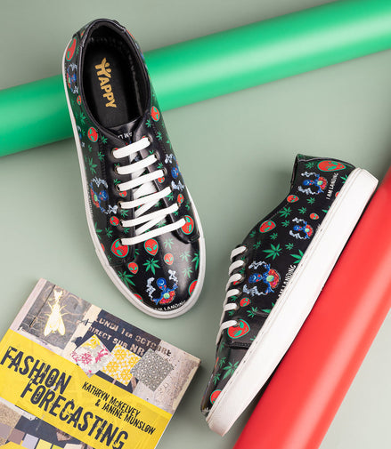 I am Landing Weed Design Deep Black Shoe - Printed Synthetic Vegan Leather