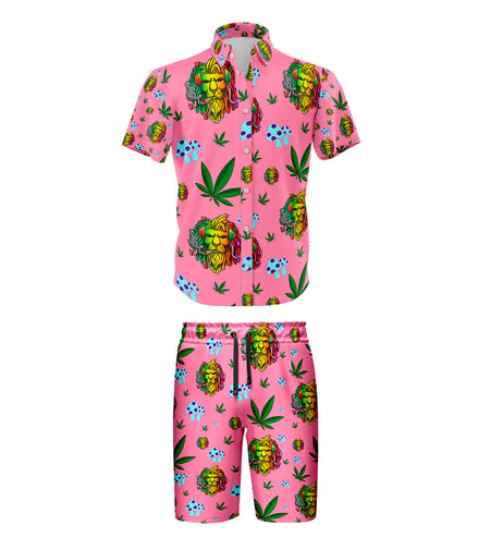 Lion Smoking Leaf Pink Shirt and Short Set, Pack of 5 Sizes Sets, 1-M, 1-L, 1-XL, 1-XXL, 1-XXXL
