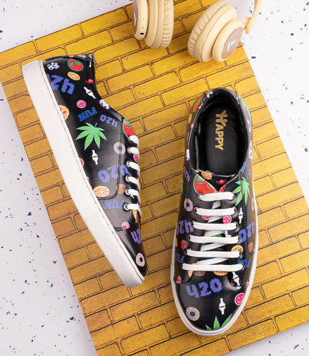 420 Mushroom Weed Design Deep Black Shoe - Printed Synthetic Vegan Leather