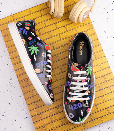 420 Mushroom Weed Design Deep Black Shoe - Printed Synthetic Vegan Leather