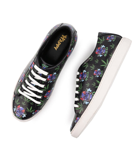 Skull 420 Weed Design Deep Black Shoe - Printed Synthetic Vegan Leather