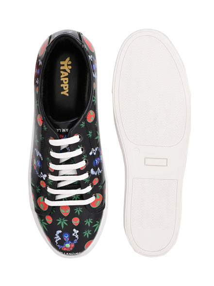 Skull 420 Weed Design Deep Black Shoe - Printed Synthetic Vegan Leather