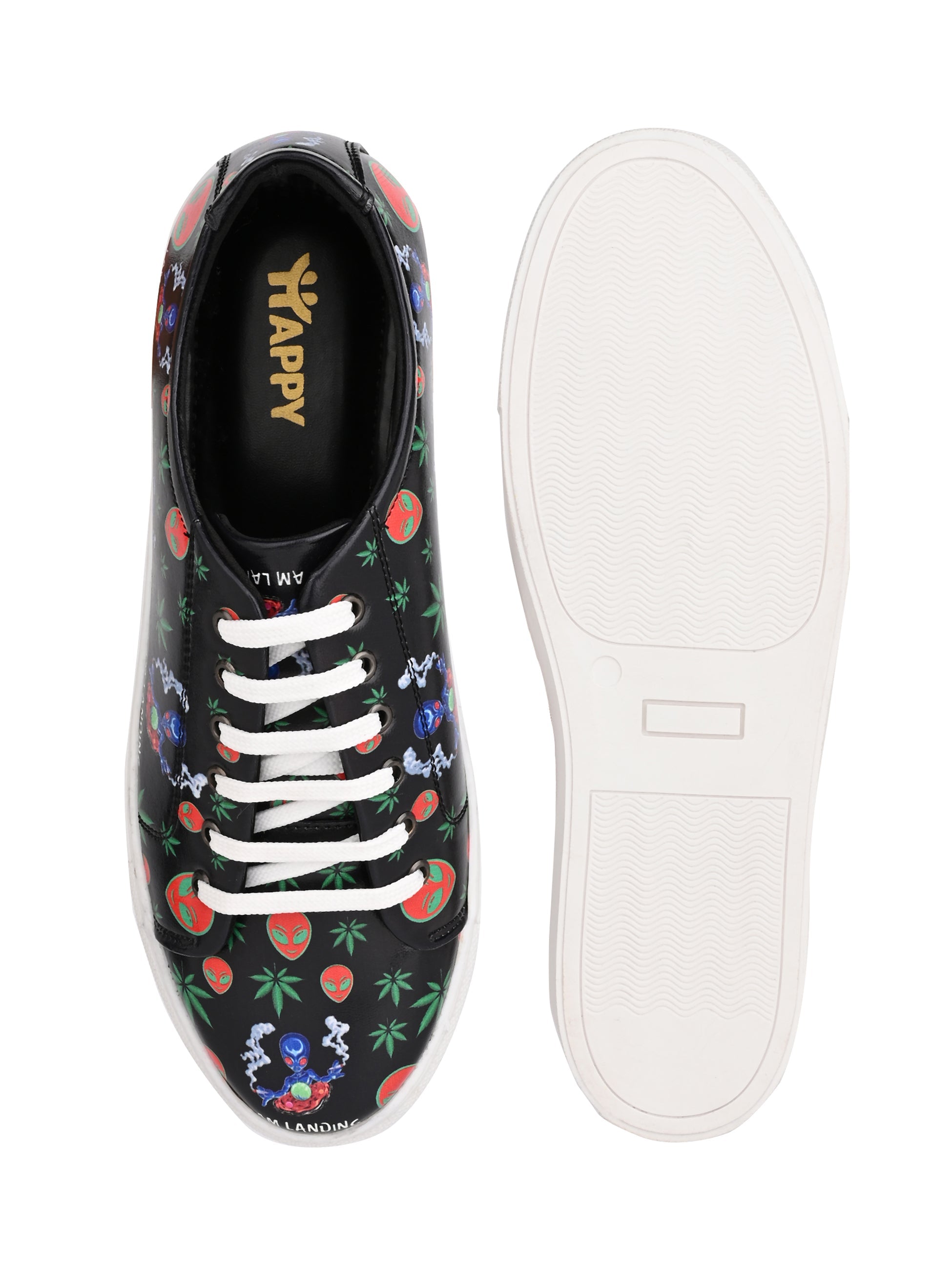 Skull 420 Weed Design Deep Black Shoe - Printed Synthetic Vegan Leather