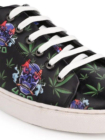 Skull 420 Weed Design Deep Black Shoe - Printed Synthetic Vegan Leather