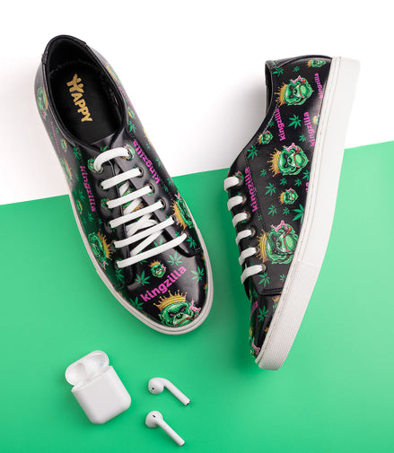 Kingzilla Weed Design Deep Black Shoe - Printed Synthetic Vegan Leather Size