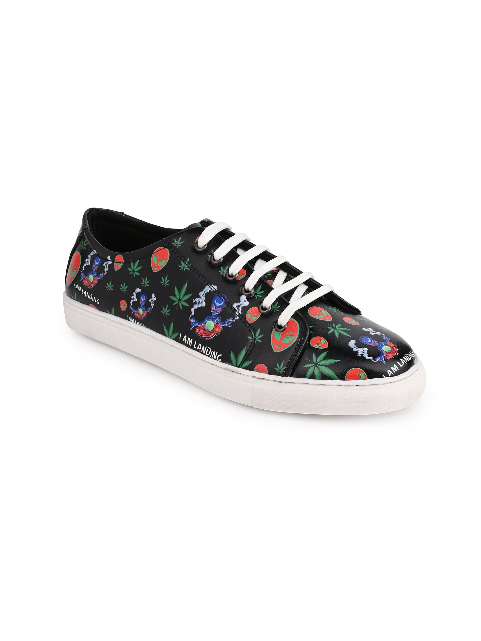 I am Landing Weed Design Deep Black Shoe - Printed Synthetic Vegan Leather