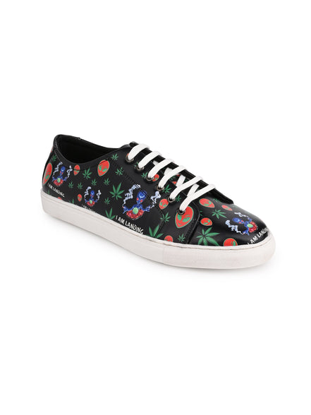 I am Landing Weed Design Deep Black Shoe - Printed Synthetic Vegan Leather