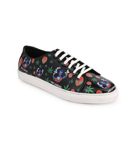 I am Landing Weed Design Deep Black Shoe - Printed Synthetic Vegan Leather