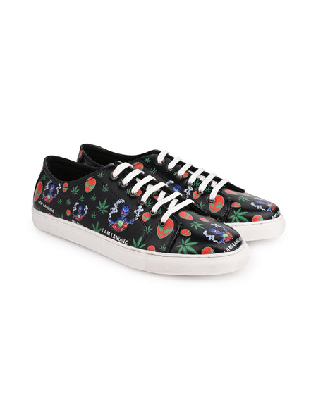 I am Landing Weed Design Deep Black Shoe - Printed Synthetic Vegan Leather