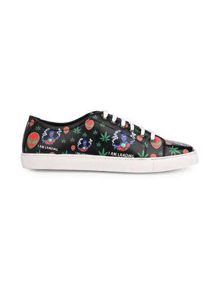 I am Landing Weed Design Deep Black Shoe - Printed Synthetic Vegan Leather