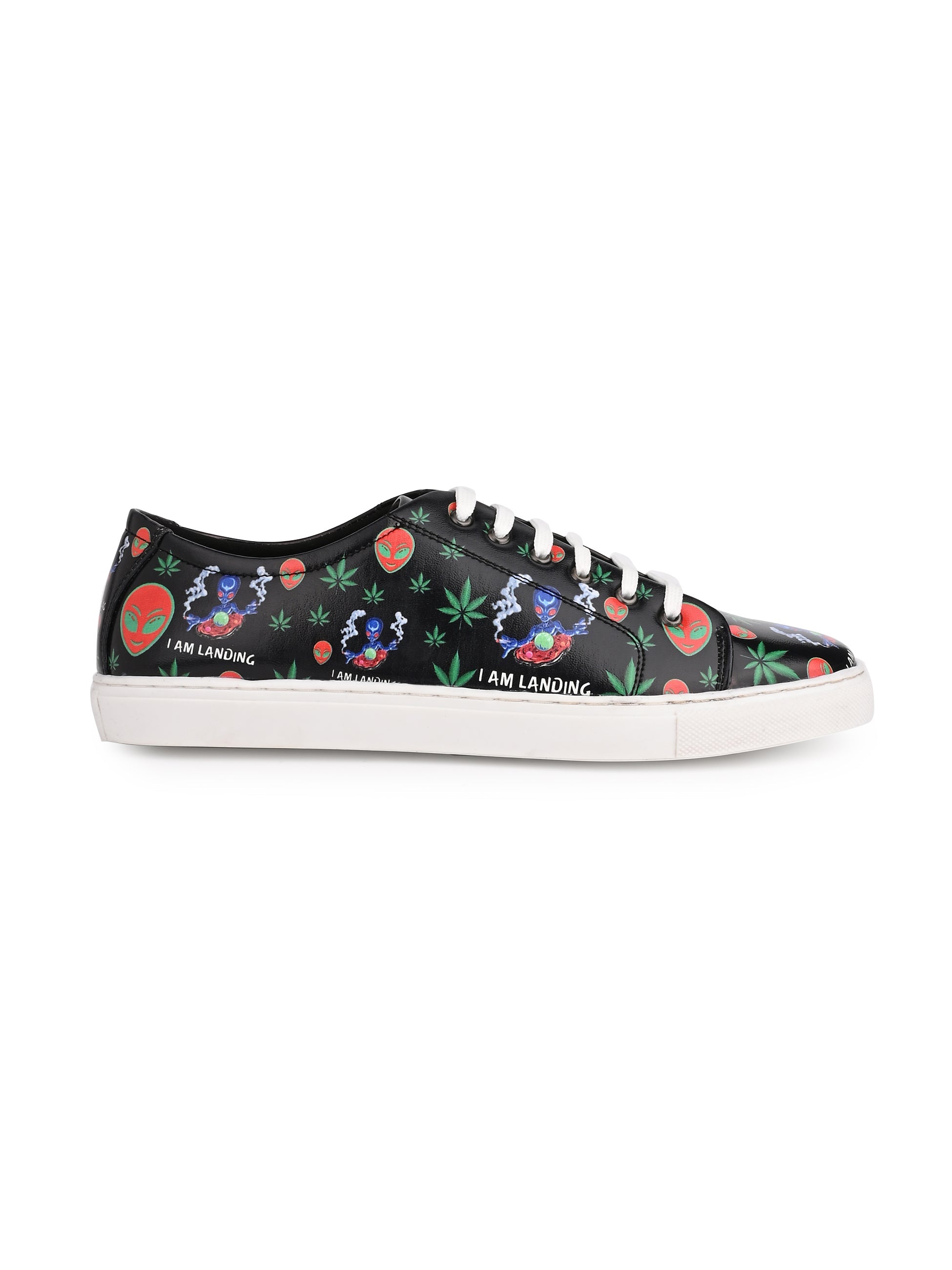 I am Landing Weed Design Deep Black Shoe - Printed Synthetic Vegan Leather
