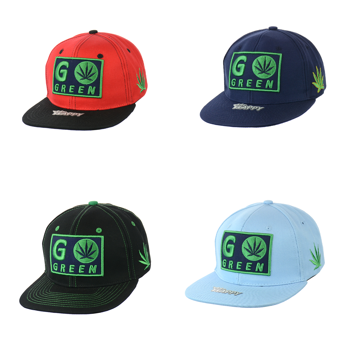 Go Green Leaf Embroidered Snapback Hat 100% Cotton