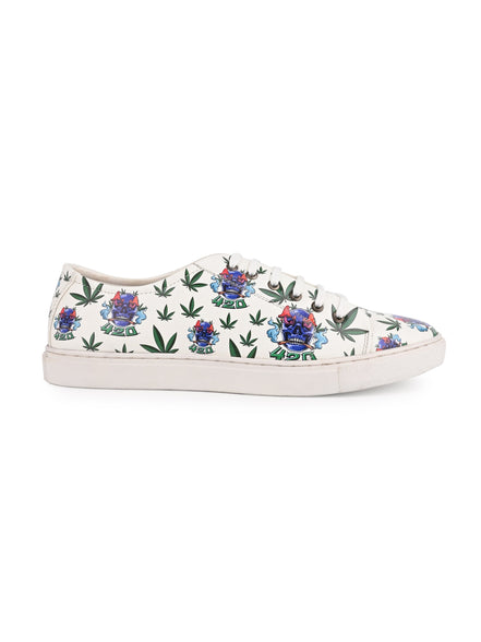 Skull 420 Weed Design Snow White Shoe - Printed Synthetic Vegan Leather