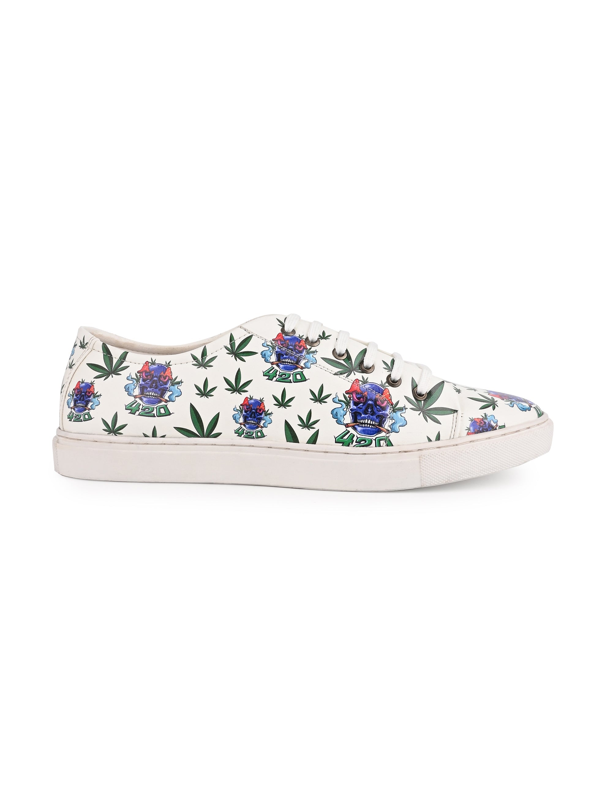 Skull 420 Weed Design Snow White Shoe - Printed Synthetic Vegan Leather