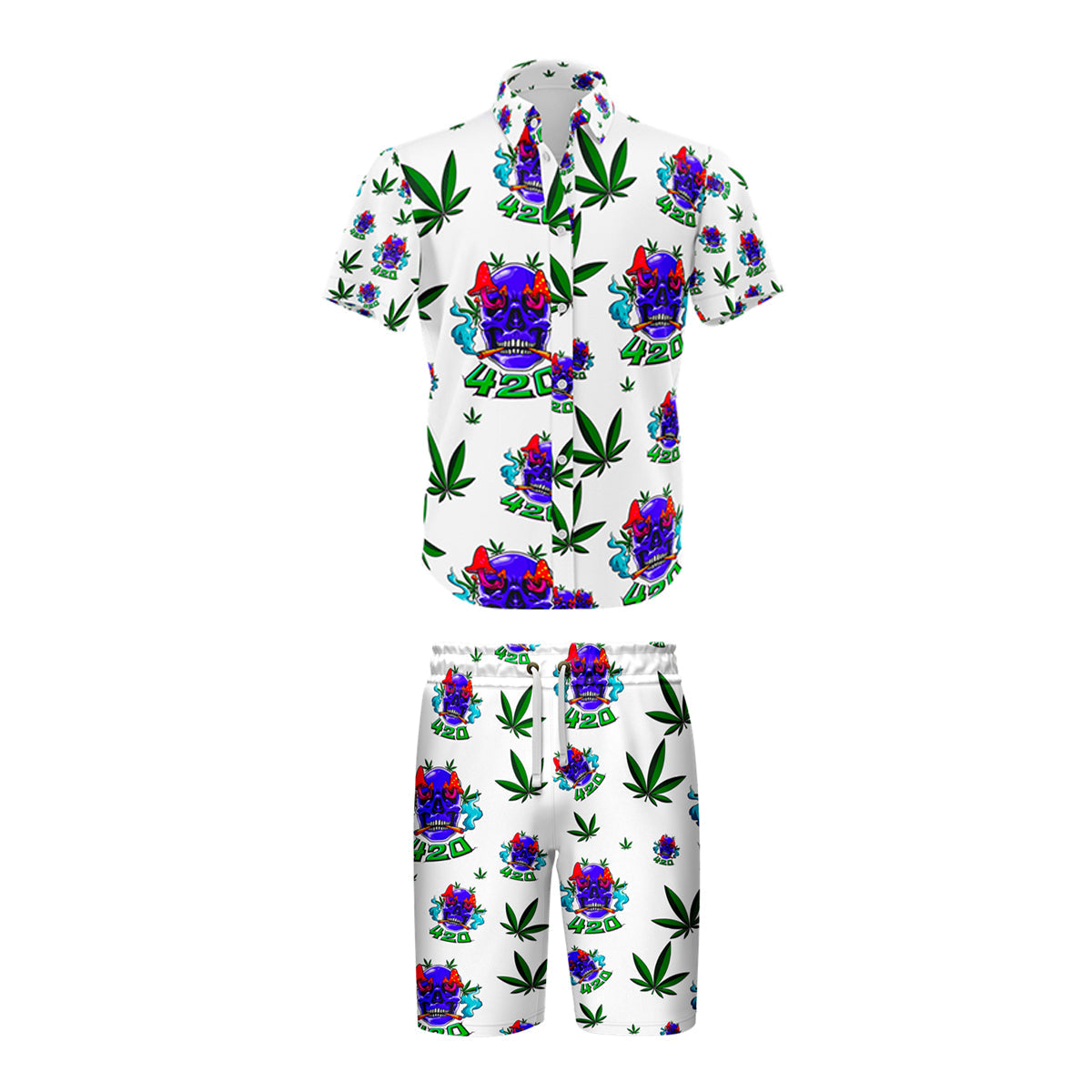420 Skull Leaf White Shirt and Short Set, Pack of 5 Sizes Sets, 1-M, 1-L, 1-XL, 1-XXL, 1-XXXL