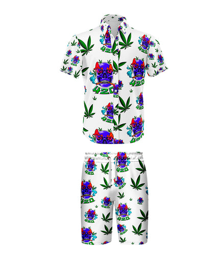 420 Skull Leaf White Shirt and Short Set, Pack of 5 Sizes Sets, 1-M, 1-L, 1-XL, 1-XXL, 1-XXXL