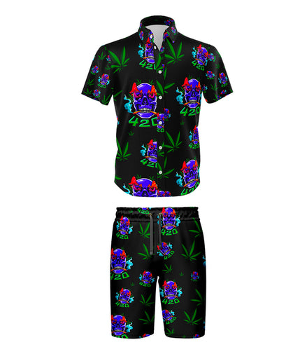 420 Skull Leaf Black Shirt and Short Set, Pack of 5 Sizes Sets, 1-M, 1-L, 1-XL, 1-XXL, 1-XXXL