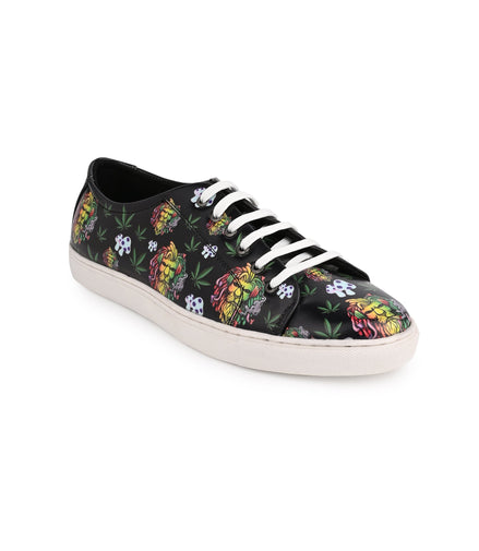 Lion Smoking Weed Design Deep Black Shoe - Printed Synthetic Vegan Leather Size