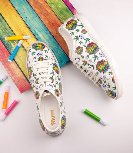 Lion Smoking Weed Design Snow White Shoe - Printed Synthetic Vegan Leather