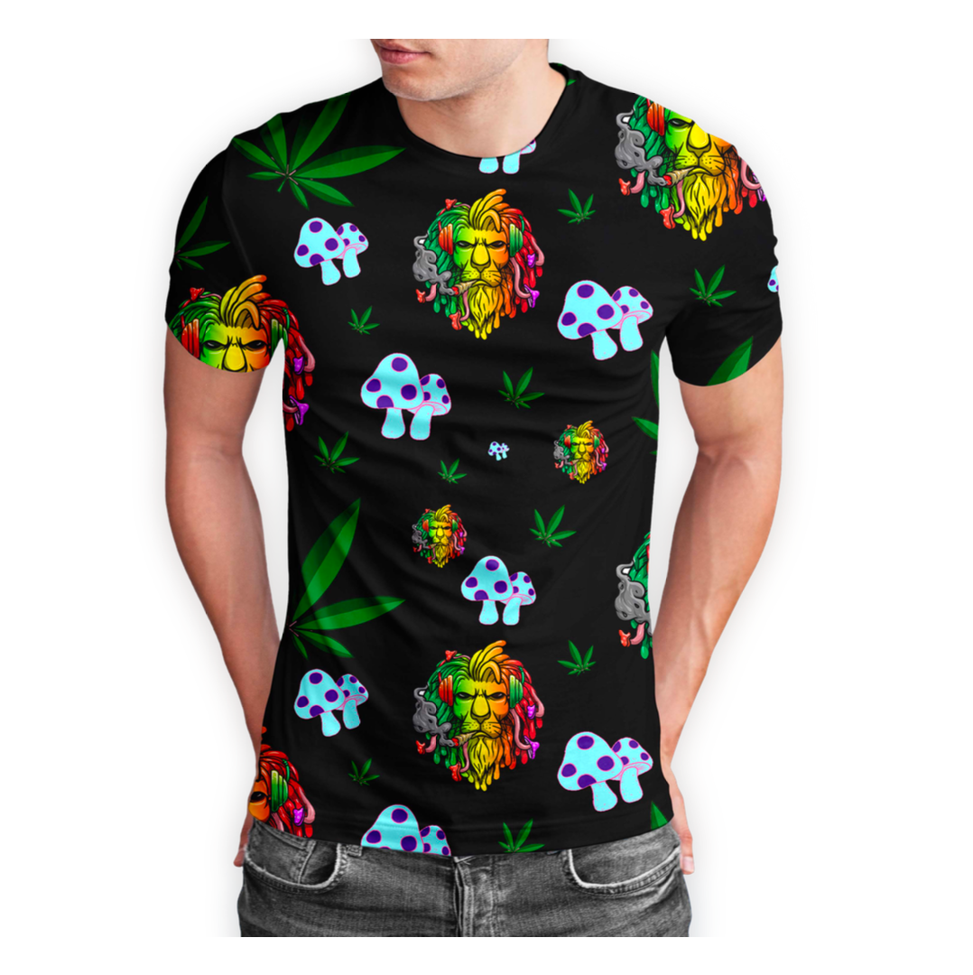 Rasta Lion Cannabis Leaf Black Short Sleeve T-Shirt Pack of 5 Units 1-M, 1-L, 1-XL, 1-XXL, 1-XXXL -- 100% Polyester