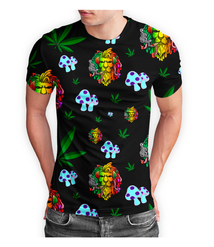 Rasta Lion Cannabis Leaf Black Short Sleeve T-Shirt Pack of 5 Units 1-M, 1-L, 1-XL, 1-XXL, 1-XXXL -- 100% Polyester