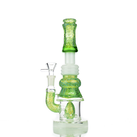 10" Water Pipe Bubble Trap Art with M9 Perc and 14mm Male Bowl - Gold Fume Glass