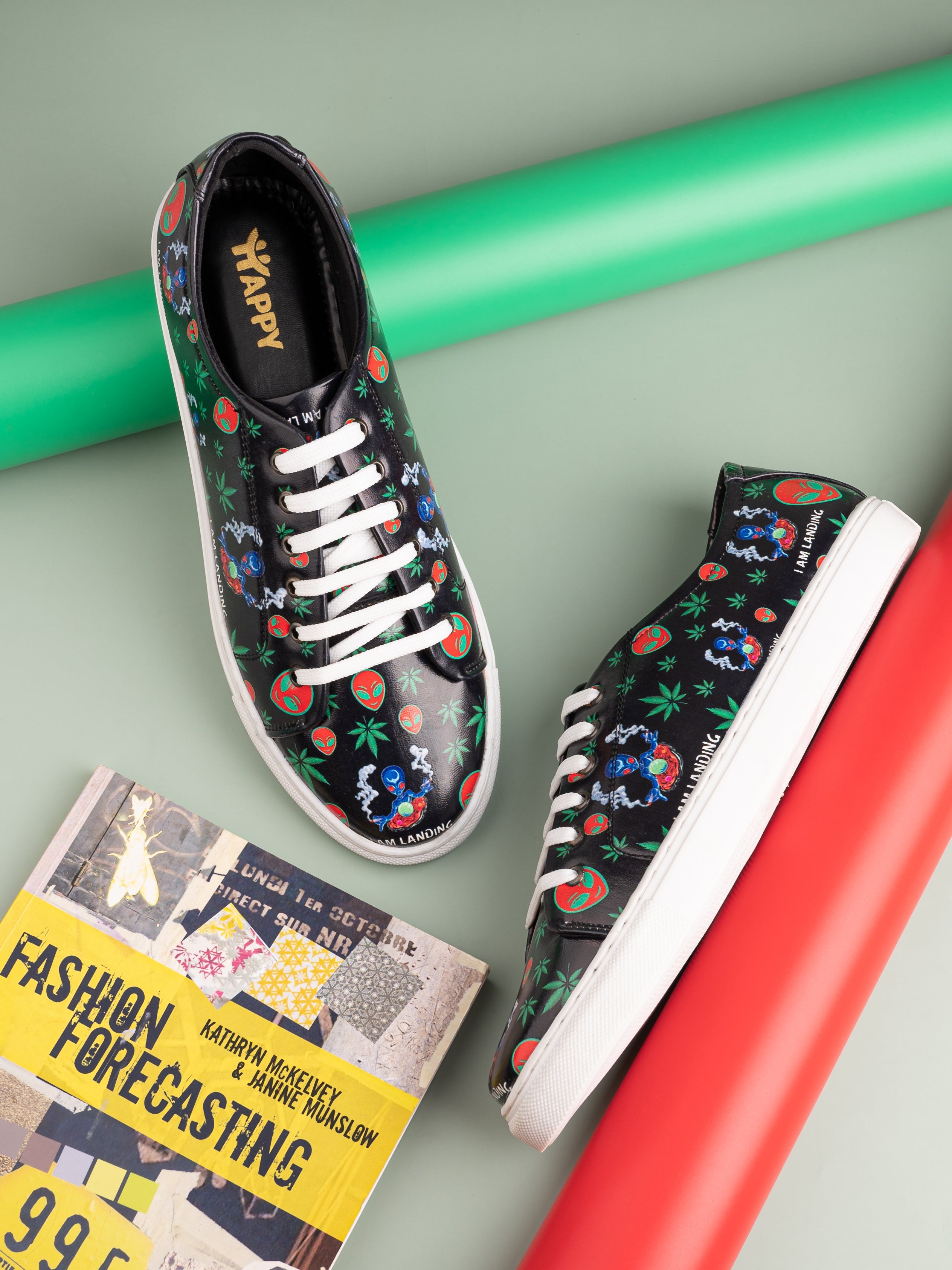 I am Landing Weed Design Deep Black Shoe - Printed Synthetic Vegan Leather