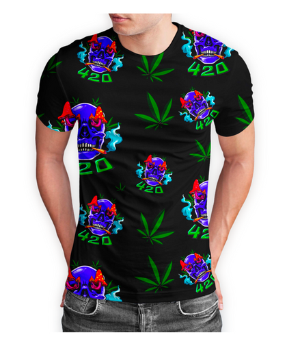 420 Skull Cannabis Leaf Black Short Sleeve T-Shirt Pack of 5 Units 1-M, 1-L, 1-XL, 1-XXL, 1-XXXL -- 100% Polyester