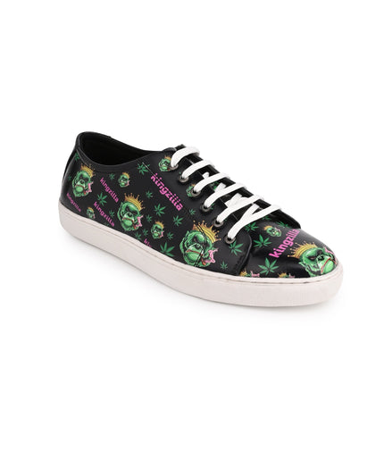 Kingzilla Weed Design Deep Black Shoe - Printed Synthetic Vegan Leather Size