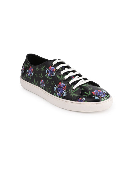 Skull 420 Weed Design Deep Black Shoe - Printed Synthetic Vegan Leather