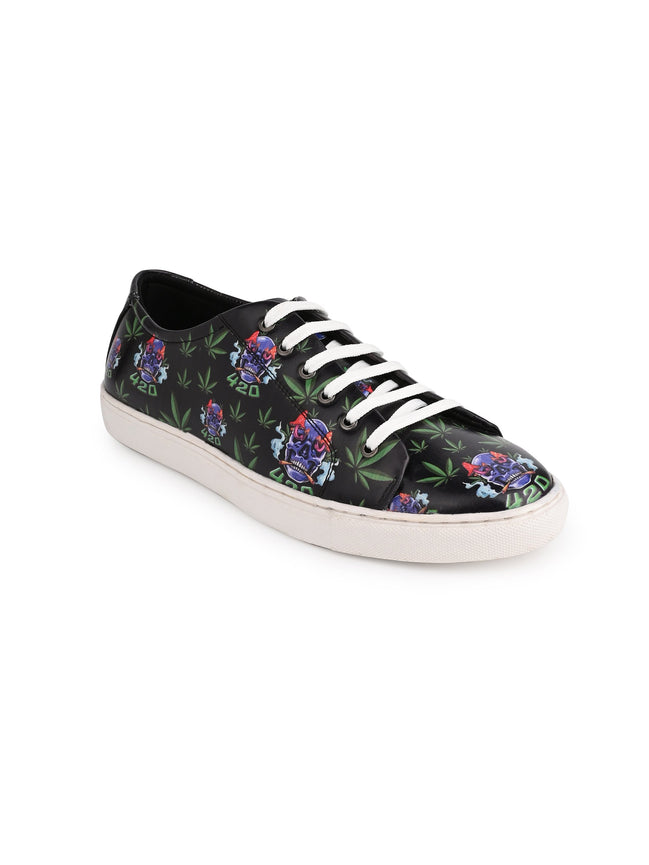 Skull 420 Weed Design Deep Black Shoe - Printed Synthetic Vegan Leather