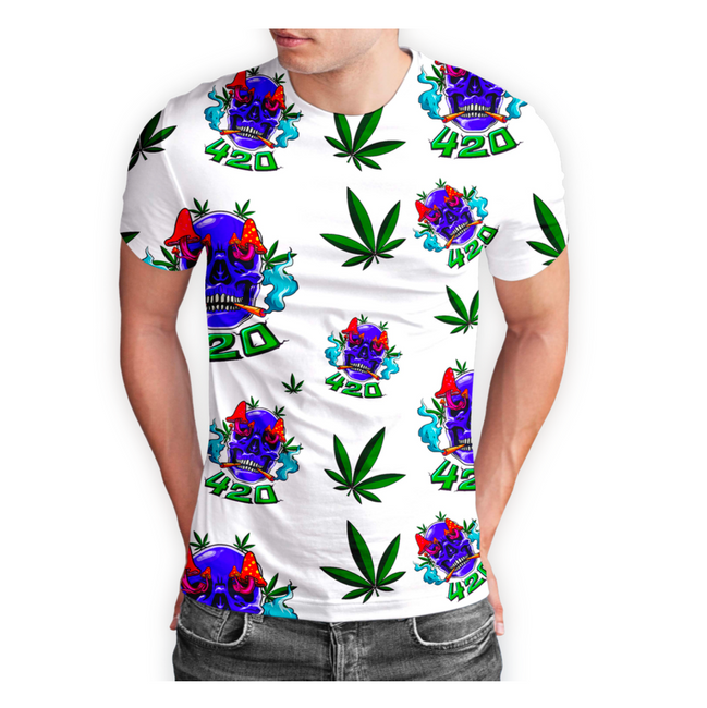 420 Skull Cannabis Leaf White Short Sleeve T-Shirt Pack of 5 Units 1-M, 1-L, 1-XL, 1-XXL, 1-XXXL -- 100% Polyester