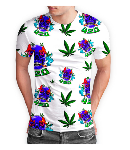 420 Skull Cannabis Leaf White Short Sleeve T-Shirt Pack of 5 Units 1-M, 1-L, 1-XL, 1-XXL, 1-XXXL -- 100% Polyester