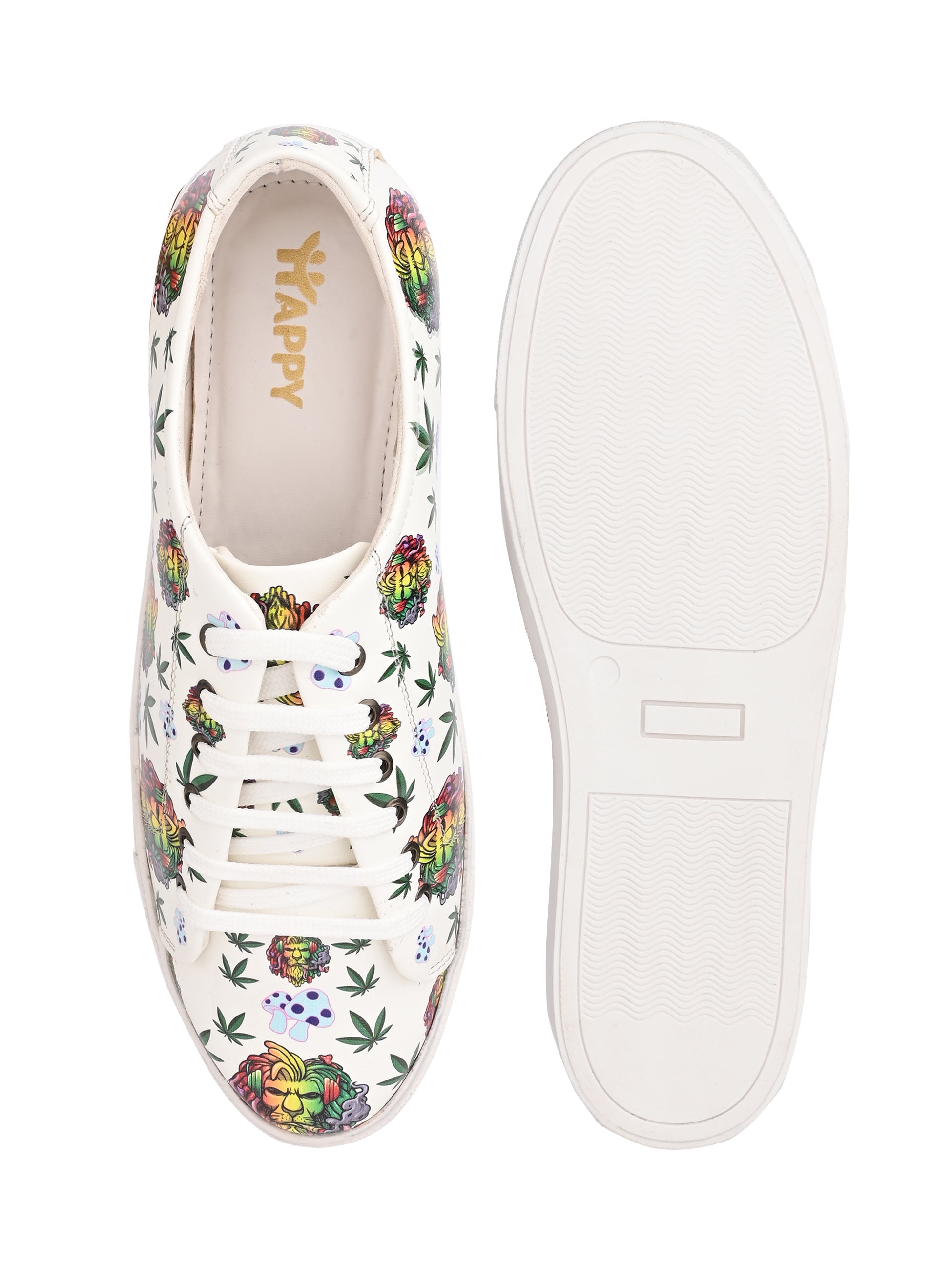 Lion Smoking Weed Design Snow White Shoe - Printed Synthetic Vegan Leather