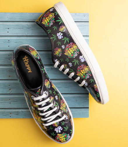 Lion Smoking Weed Design Deep Black Shoe - Printed Synthetic Vegan Leather Size