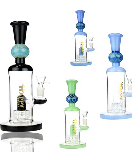 10" HAPPY FUMES GLASS Water Pipe with Honeycomb Sphere Neck and Matrix Shower and 14mm Male Bowl