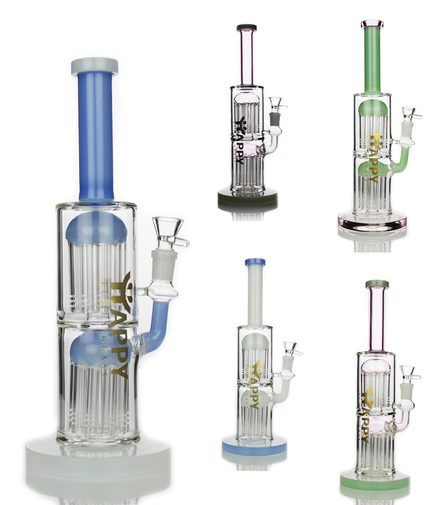12" Happy Fumes Glass Double Tree Shower Water Pipe with 14mm Male Bowl
