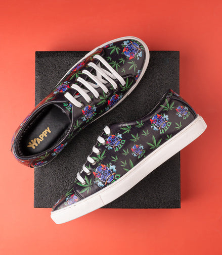 Skull 420 Weed Design Deep Black Shoe - Printed Synthetic Vegan Leather