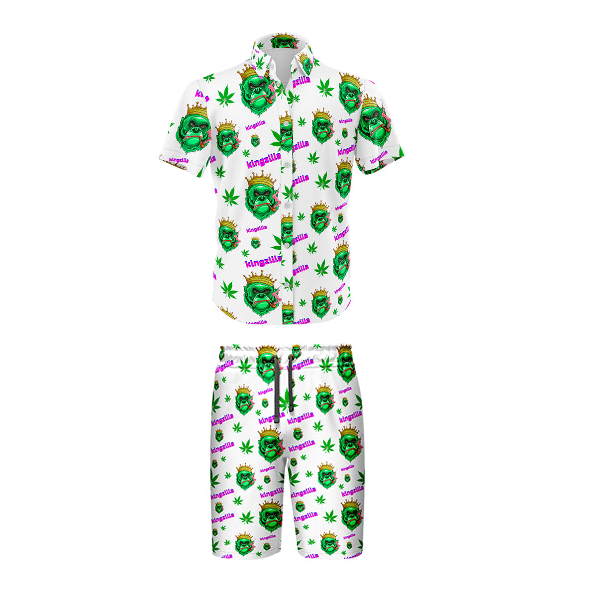 Kingzilla Leaf White Shirt and Short Set, Pack of 5 Sizes Sets, 1-M, 1-L, 1-XL, 1-XXL, 1-XXXL