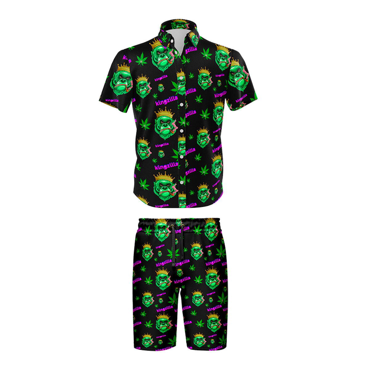 Kingzilla Leaf Black Shirt and Short Set, Pack of 5 Sizes Sets, 1-M, 1-L, 1-XL, 1-XXL, 1-XXXL