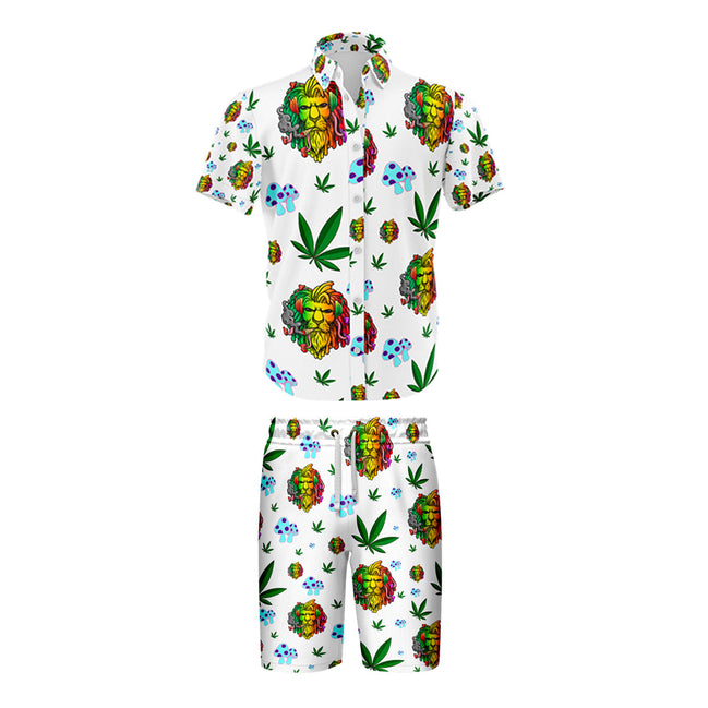 Lion Smoking Leaf White Shirt and Short Set, Pack of 5 Sizes Sets, 1-M, 1-L, 1-XL, 1-XXL, 1-XXXL
