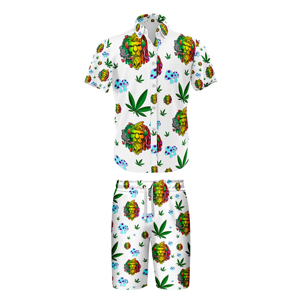 Lion Smoking Leaf White Shirt and Short Set, Pack of 5 Sizes Sets, 1-M, 1-L, 1-XL, 1-XXL, 1-XXXL