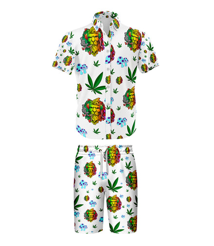 Lion Smoking Leaf White Shirt and Short Set, Pack of 5 Sizes Sets, 1-M, 1-L, 1-XL, 1-XXL, 1-XXXL