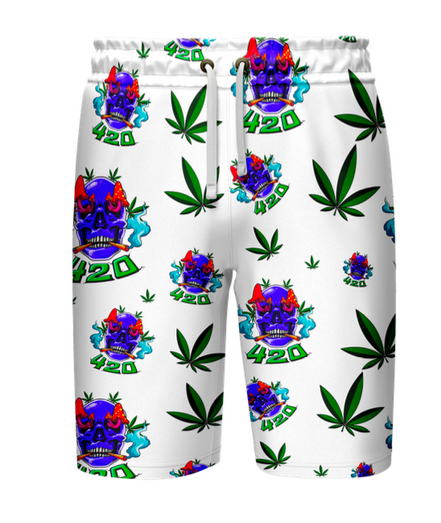420 Skull Leaf White Shirt and Short Set, Pack of 5 Sizes Sets, 1-M, 1-L, 1-XL, 1-XXL, 1-XXXL