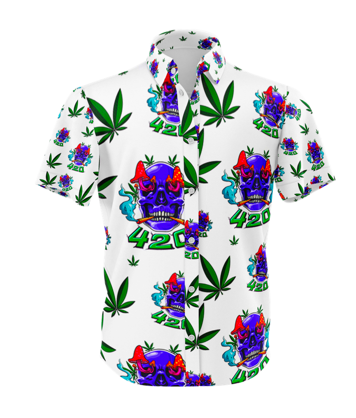 420 Skull Leaf White Shirt and Short Set, Pack of 5 Sizes Sets, 1-M, 1-L, 1-XL, 1-XXL, 1-XXXL