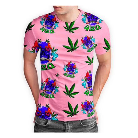 420 Skull Cannabis Leaf Pink Short Sleeve T-Shirt Pack of 5 Units 1-M, 1-L, 1-XL, 1-XXL, 1-XXXL -- 100% Polyester