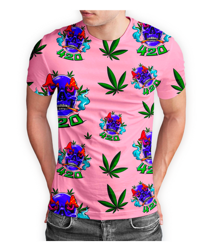 420 Skull Cannabis Leaf Pink Short Sleeve T-Shirt Pack of 5 Units 1-M, 1-L, 1-XL, 1-XXL, 1-XXXL -- 100% Polyester